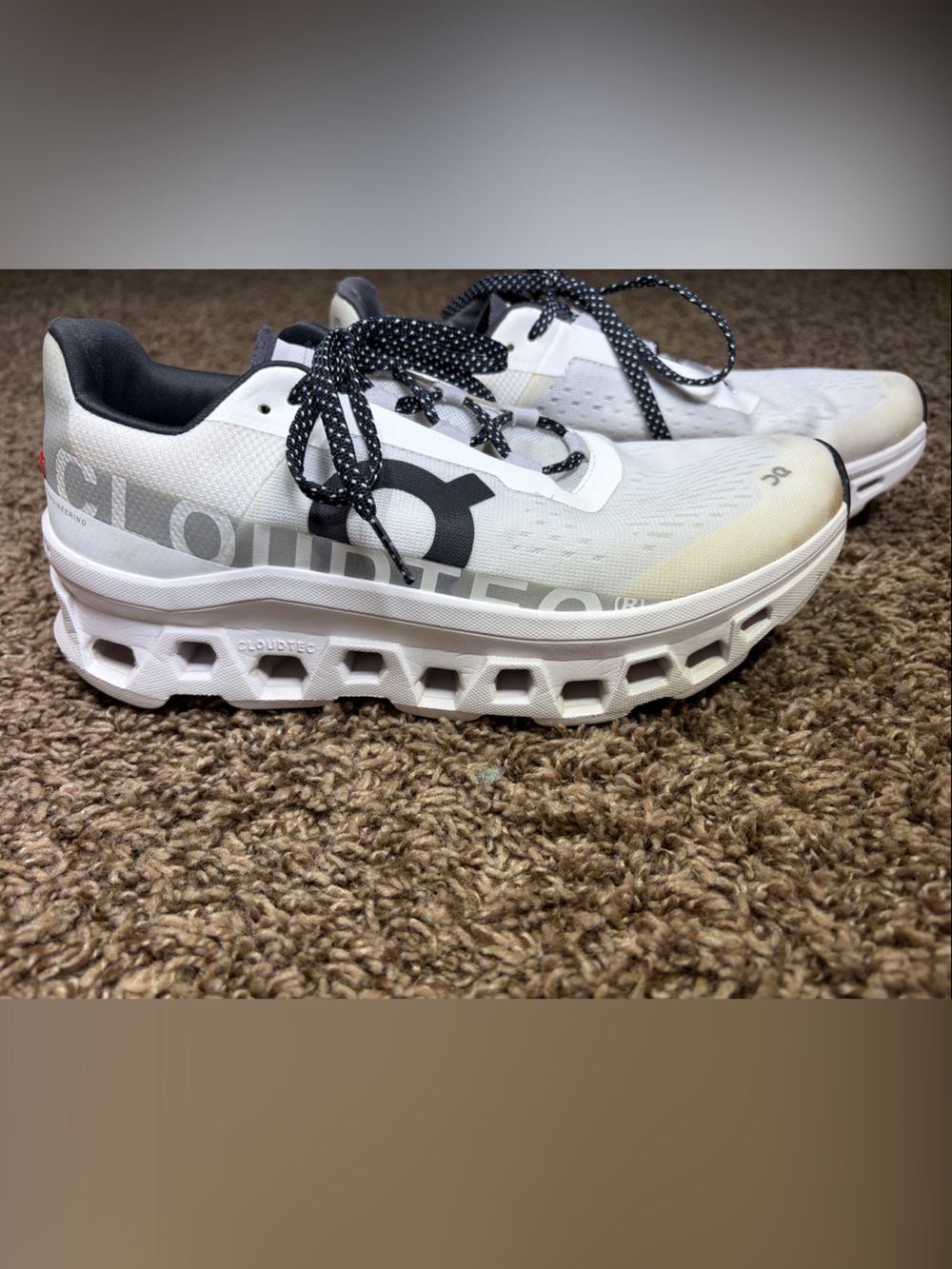 On Cloudmonster Woman’s White Running Shoes with Black Accents - size 8